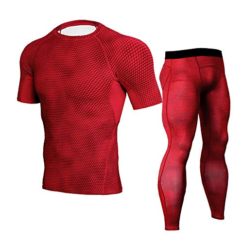 BaronHong 3D Snake Skin Männer 's Compression Quick Dry Tight Running T-Shirt + Hose für Workouts, Training, Fitness (rot, L) von BaronHong