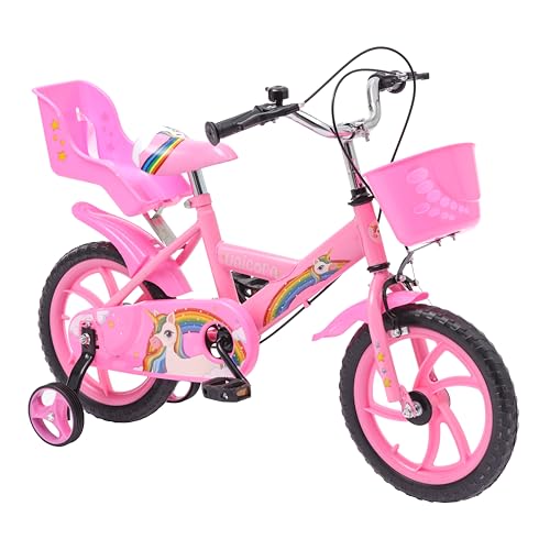 Baroni Toys Kinderfahrrad mit rosa Einhorn, 14 Zoll mit Puppenhalter und Rädern, Stahlfahrrad mit Korb für Mädchen, Rosa, von 3 bis 5 Jahren, Maße von Baroni Toys