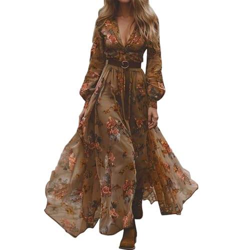 Damen Langes Boho Kleid Sommerkleid Lang- Vintage Rustikaler Stil V-Ausschnitt Kleid mit Blumenmuster Lässiges Maxikleid Frühling Langarm Blumenkleid Sommer Western Country Chiffonkleid Braun S von Bastwahl