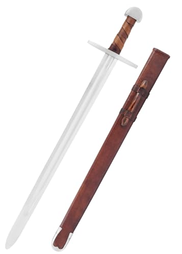 Battle-Merchant Normannen Schaukampfschwert mit Lederscheide | handgefertigtes Federstahl Schwert der Normannen | Echt Metall Schaukampf Schwert für Erwachsene von Battle-Merchant