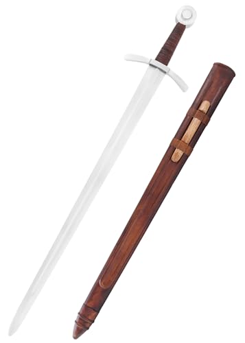 Battle-Merchant Scheibenknauf-Schwert mit Lederscheide | Hochmittelalter Einhänder der Kreuritter für Erwachsene | Schaukampf Schwert aus echtem Federstahl von Battle-Merchant