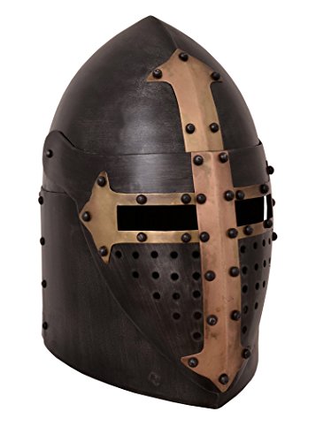 Battle-Merchant Topfhelm mit klappbarem Visier, 1,6 mm Stahl, Antikfinish Mittelalter Helm von Battle-Merchant