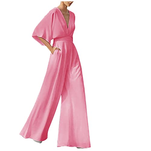 Battnot Jumpsuit Damen Hochzeit Festlich Elegant Jumpsuit Lang Weites Bein Jumpsuits Sommer Jumpsuit Damen Elegant Kurzarm Playsuit V-Ausschnitt Casual Lose Overalls Lang Romper Hosenanzug von Battnot