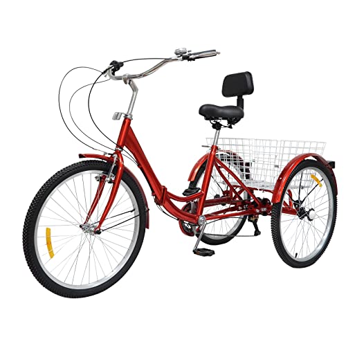 Bazargame Dreirad Für Erwachsene Senioren 24 Zoll 3 Rädern Faltbares Fahrrad Damenfahrrad Erwachsenendreirad 7-Gang Tricycle Lastenrad Mit Einkaufskorb Und Rückenlehne (Rot) von Bazargame