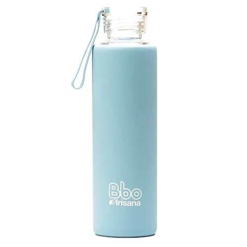 Irisana – Wasserflasche – 550 ml – Blau – 7 x 7 x 25 cm – Sportkaraffe aus Glas, ideal für das Fitnessstudio – Borosilikat und Silikon – Bbo-Kollektion von Bbo Irisana