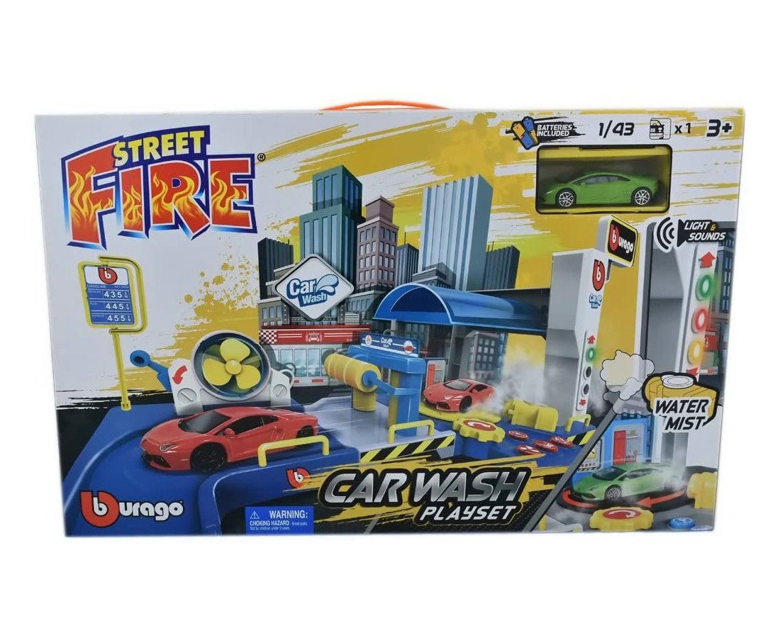 Bburago Spielzeug-Auto Spielset - Street Fire Waschstraße, inkl. Modellauto von Bburago