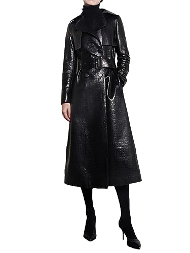 Langer, Glänzender, Reflektierender Lack-Kunstleder-Trenchcoat Für Damen, Gürtel, Zweireihige Kleidung Black M von Bciopll