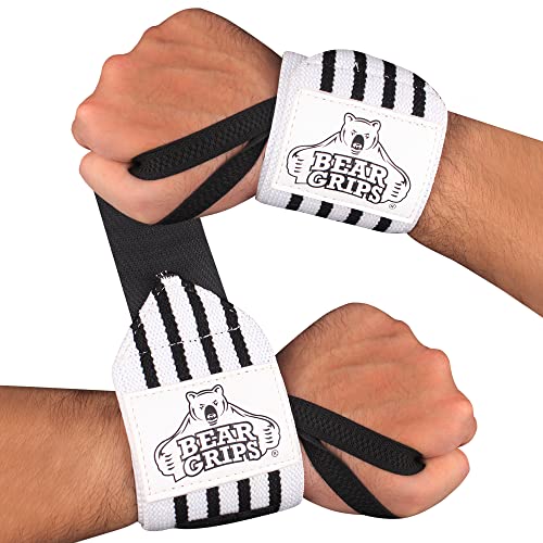 Bär Griff: Premium Extra Stärke Wrist Wraps, Best Handgelenk Unterstützung für Workouts, WODS. Grau Serie. 30,5 cm 45,7 cm 61 cm, Weiß mit schwarzen Streifen von Bear Grips