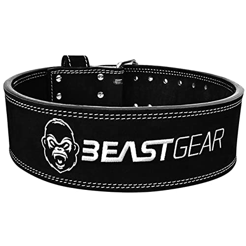 Beast Gear PowerBelt – Premium Powerlifting Gürtel mit Doppelter Dornschließe - 10,2cm x 10mm Nubukleder Kraftsport Gewichthebergürtel Nietengürtel - M von Beast Gear