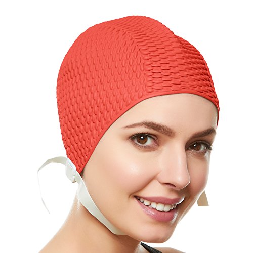 Retro Bubble Crepe Schwimmen Badekappe mit Kinnriemen (erhältlich in 6 Farben), Herren damen Mädchen Kinder unisex, hot pink von Beemo