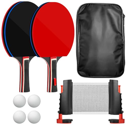 Tischtennis Set,2 Tischtennisschläger mit 4 Tischtennis Bälle und 1 Tasche,Tischtennisnet ,Tischtennisset,Tischtennis Set mit Netz, Tischtennisschläger Set Profi Sport Set für Indoor & Outdoor Spiele von Behogan