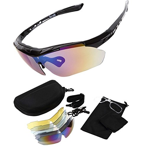 Beileer UV 400 Fahrradbrille Sonnenbrille 5 Wechselgläser Sportbrille Polarisiert für Radfahren Laufen Angeln Baseball (schwarz) von Beileer