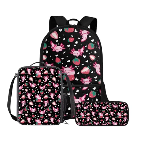 Belidome 3-in-1-Rucksack für Damen, Herren, Jungen, Mädchen, Schule, Büchertasche mit Lunchtasche, Federmäppchen, Schulbüchertaschen-Set, Strawberry Axolotl, Einheitsgröße, Schulranzen-Set von Belidome