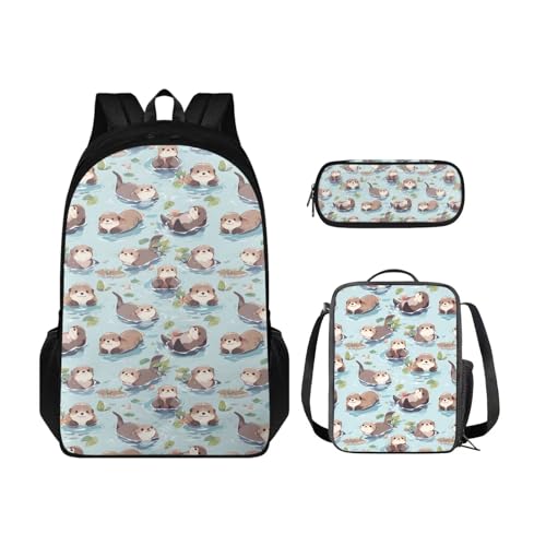 Belidome Rucksack 3-in-1 Tasche mit Lunchtasche, Federmäppchen, Büchertasche mit großen Vordertaschen für Jungen und Mädchen, Otter-Druck, Einheitsgröße, Schulranzen-Set von Belidome