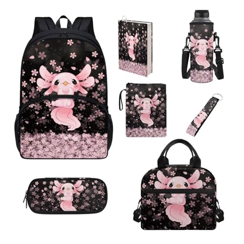 Belidome Rucksack-Set, 7-teilig, für Teenager, Kinder, Jungen, Mädchen, Schule, Büchertasche und Lunchtasche, Federmäppchen, Wasserflaschenhalter, Kirschblüte Axolotl, Einheitsgröße, Schulranzen-Set von Belidome