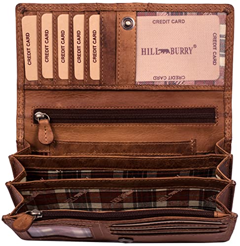 Hill Burry Geldbörse Damen | Echt Leder Portemonnaie mit RFID-Schutz | Frauen Geldbeutel aus echtem Leder | Hochwertige Vintage Langbörse | Damenbörse (Braun) von BelleBay