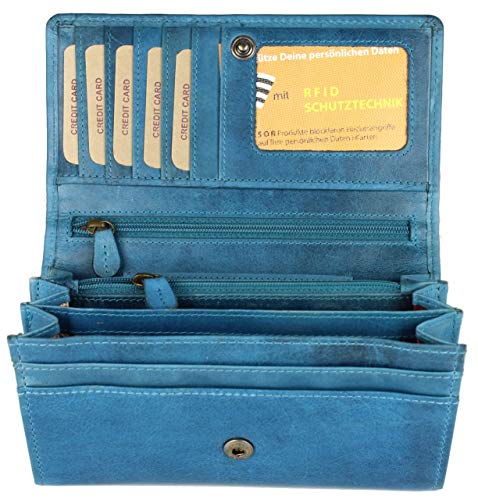 Hochwertige Vintage Leder Damen Geldbörse Portemonnaie langes Portmonee Geldbeutel aus weichem Leder mit RFID in hellblau - 17,5x10x3cm (B x H x T) von Belli