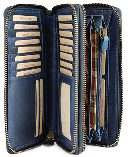 Hochwertige XXL Vintage Leder Damen Geldbörse Portemonnaie langes Portmonee Geldbeutel Organizer aus weichem Leder mit extra vielen Fächern inkl. RFID in blau - 20x11x3,5cm (B x H x T) von Belli