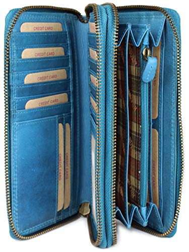 Hochwertige XXL Vintage Leder Damen Geldbörse Portemonnaie langes Portmonee Geldbeutel Organizer aus weichem Leder mit extra vielen Fächern inkl. RFID in hellblau - 20x11x3,5cm (B x H x T) von Belli