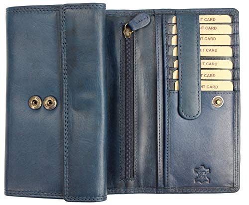 Hochwertige große Vintage Leder Damen Geldbörse Portemonnaie Portmonee Frauen Geldbeutel aus weichem Leder mit extra vielen Fächern in blau - 17,5x10x4cm (B x H x T) von Belli
