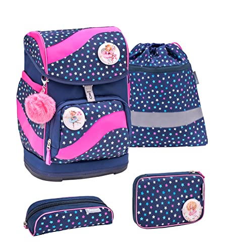 Belmil ergonomischer Schulrucksack Schulranzen Set 5-teilig für Mädchen mit Patch Set, Brustgurt, Hüftgurt, Magnetverschluss/AGR/Blau, Pink (405-51 Stars) von Belmil