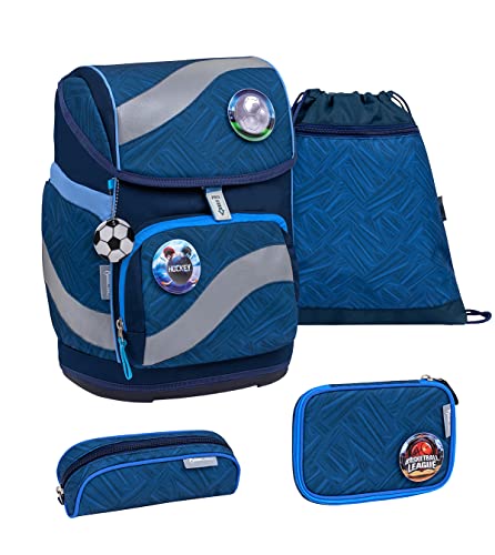 Belmil ergonomischer Schulrucksack Schulranzen Set 5-teilig mit Patch Set, Brustgurt, Hüftgurt, Magnetverschluss/AGR (405-51/AG/S Blue Motion) von Belmil