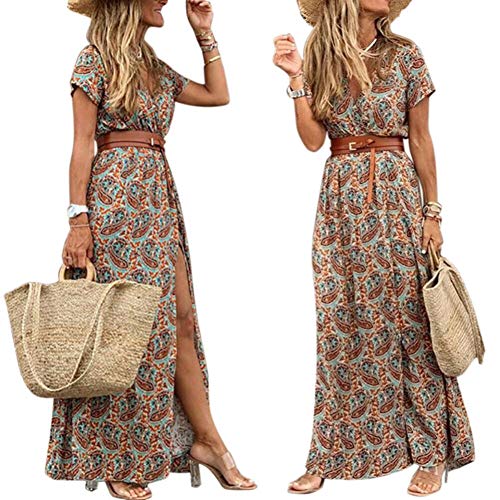 Benoon Boho Frauen V-Ausschnitt Paisley Print Kurzarm Langes Kleid Mit Gürtel, Großer Rock Strand Langes Kleid rot 3XL von Benoon