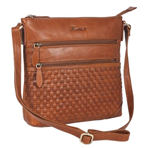 Benthill Echt Leder Umhängetasche | Damen Schultertasche aus Rindsleder | Schmale Vintage Damen Handtasche mit geflochtenem Muster, Farbe:Braun von Benthill