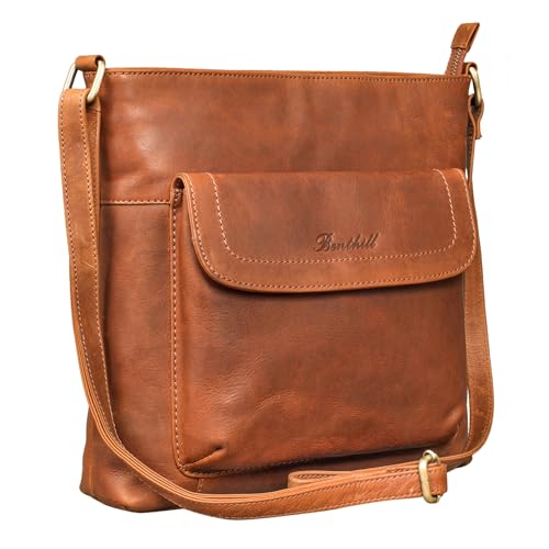 Benthill Shopper Damen Leder - Ledertasche mit Reißverschluss - Umhängetasche aus Echtleder - Handtasche Vintage - Bag Beutel - Schulterbeutel, Farbe:Braun von Benthill