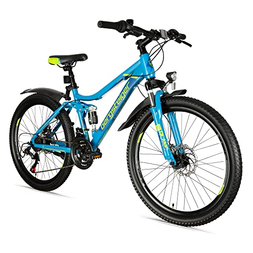 Bergsteiger Broome 24, 26 Zoll Kinderfahrrad, 21 Gang-Schaltung, StVZO, Mountainbike mit Vollfederung, Scheibenbremsen & Dynamo-Licht, geeignet für 8, 9, 10, 11, 12, 13 Jahre, Jungen & Mädchen von Bergsteiger