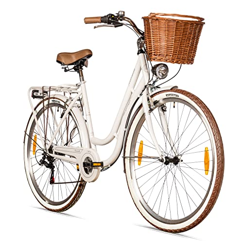 Bergsteiger Marseille 28 Zoll Damenfahrrad, ab 150 cm, Korb aus Rattan, Fahrrad-Licht, Damen-Citybike, Damenrad im Retro-Design«, 6 Gang Tourney Schaltung, Kettenschaltung von Bergsteiger