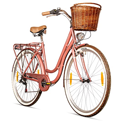 Bergsteiger Marseille 28 Zoll Damenfahrrad, ab 150 cm, Korb aus Rattan, Fahrrad-Licht, Damen-Citybike, Damenrad im Retro-Design«, 6 Gang Tourney Schaltung, Kettenschaltung von Bergsteiger