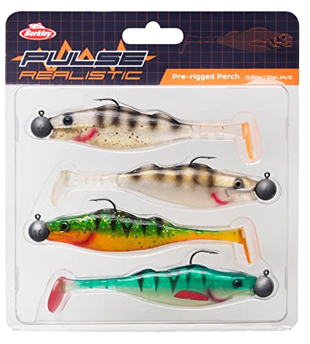 Berkley Pulse Realistic Perch vormontierte Gummiköder mit Jigkopf - Ultrarealistische Form und Aktion für das Raubfischangeln - Hecht, Zander, Barsch, 11cm | 4pcs von Berkley