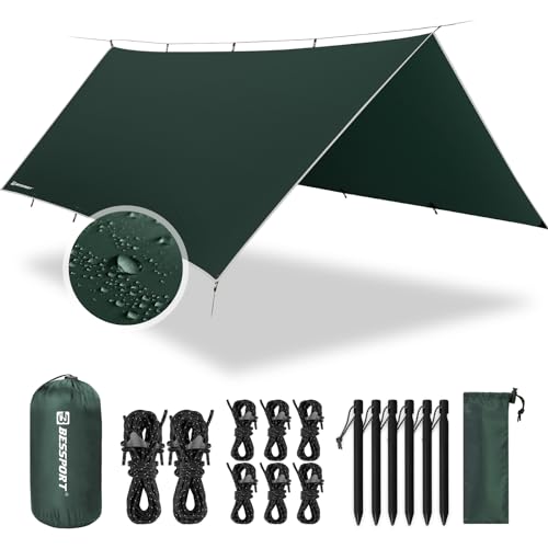 Bessport Zeltplane Wasserdicht, 3m x 4m PU 3000 mm Tarp für Hängematte, mit Ösen & 6 Aluminiumstifte & 8 Nylonseile, Anti-UV Geeignet für Camping, Picknick, Hängematte von Bessport