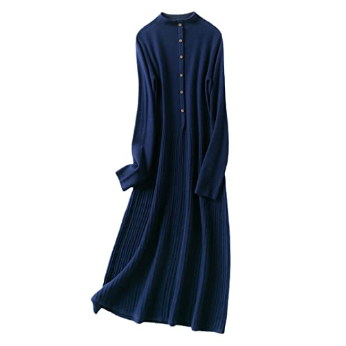 100% Kaschmir und Wolle Strickkleid für Damen Winter/Herbst Oneck Weibliche Kleider Lange Stil Pullover dunkelblau XXL von Bewellan