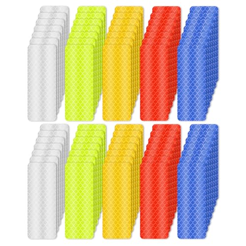 Bewudy 75 Stück Reflektierende Aufkleber, Warnung Reflektor Sticker 3x8cm Selbstklebende Reflektorband Wasserdicht Sicherheit Warnklebeband Reflektoren Aufkleber für Fahrrad Motorrad Helme (5 Farben) von Bewudy