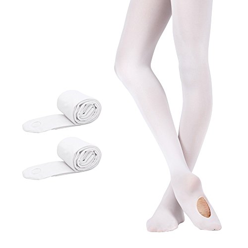 Bezioner Ballett Strumpfhose 2 Paar Cabrio Tanzstrumpfhose mit Fersenloch für Kinder Mädchen und Damen Weiß L (über 140cm) von Bezioner