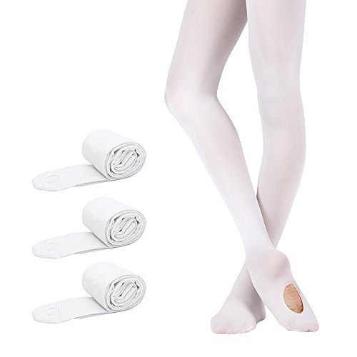 Bezioner Ballett Strumpfhose 3 Paar Cabrio Tanzstrumpfhose mit Fersenloch für Kinder Mädchen und Damen Weiß L (über 140cm) von Bezioner