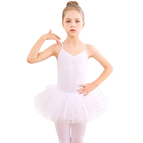 Bezioner Kinder Ballettkleidung Tütü Ballettkleid Mädchen Baumwolle Balletttrikot Ballettanzug Tanzbody Tanzkleid mit Rock Weiß 110 von Bezioner