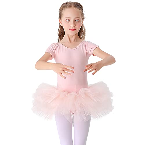 Bezioner Kinder Ballettkleidung Tütü Ballettkleid Mädchen Baumwolle Balletttrikot Kurzarm Ballettanzug Tanzbody mit Rock Rosa Offener Schritt mit Knopf 130 von Bezioner