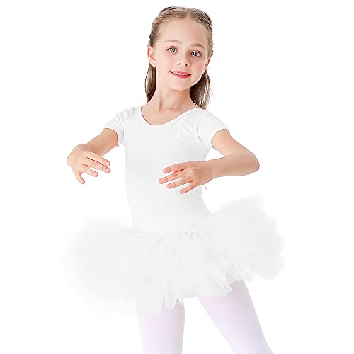 Bezioner Kinder Ballettkleidung Tütü Ballettkleid Mädchen Baumwolle Balletttrikot Kurzarm Ballettanzug Tanzbody mit Rock Weiß Kurze Ärmel 110 von Bezioner