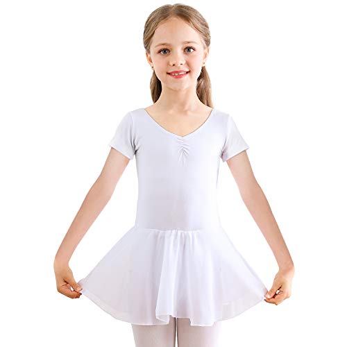 Kinder Ballettkleidung Mädchen Ballettkleid Kurzarm Langarm Balletttrikot Ballettanzug Tanzkleid Tanzbody aus Baumwolle mit Chiffon Rock Tütü (140, Weiß Kurzarm) von Bezioner