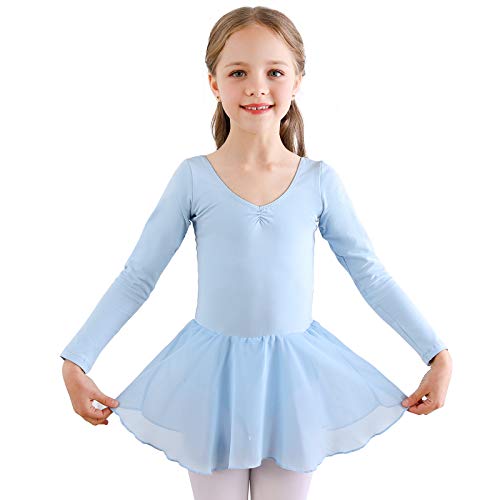 Bezioner Kinder Ballettkleidung Mädchen Ballettkleid Langarm Balletttrikot Ballettanzug Tanzkleid Tanzbody aus Baumwolle mit Chiffon Rock Tütü Blau 130 von Bezioner