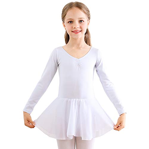 Bezioner Kinder Ballettkleidung Mädchen Ballettkleid Langarm Balletttrikot Ballettanzug Tanzkleid Tanzbody aus Baumwolle mit Chiffon Rock Tütü Weiß 130 von Bezioner