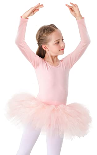 Kinder Ballettkleidung Tütü Ballettkleid Mädchen Baumwolle Balletttrikot Kurzarm Ballettanzug Tanzbody mit Rock (140 (130-140 cm, 7-9 Jahre), Rosa Langarm) von Bezioner