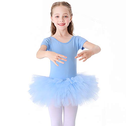Kinder Ballettkleidung Tütü Ballettkleid Mädchen Baumwolle Balletttrikot Kurzarm Ballettanzug Tanzbody mit Rock Blau 140 von Bezioner
