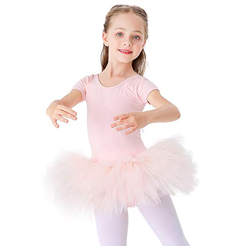 Kinder Ballettkleidung Tütü Ballettkleid Mädchen Baumwolle Balletttrikot Kurzarm Ballettanzug Tanzbody mit Rock Rosa 120 von Bezioner