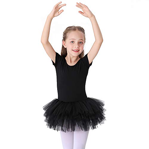 Kinder Ballettkleidung Tütü Ballettkleid Mädchen Baumwolle Balletttrikot Kurzarm Ballettanzug Tanzbody mit Rock Schwarz 100 von Bezioner