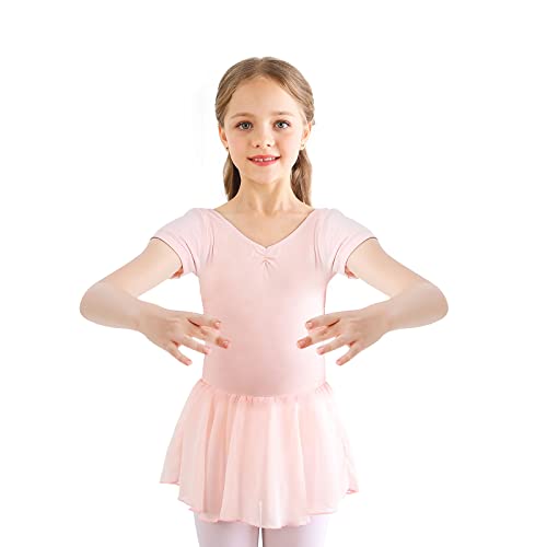 Kinder Ballettkleidung Mädchen Ballettkleid Kurzarm Langarm Balletttrikot Ballettanzug Tanzkleid Tanzbody aus Baumwolle mit Chiffon Rock Tütü (110, Rosa Kurzarm) von Bezioner