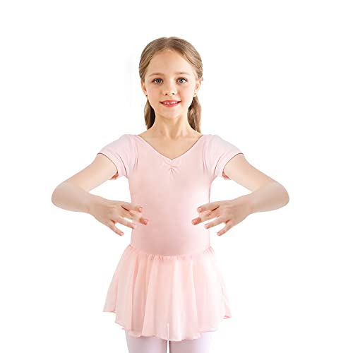 Kinder Ballettkleidung Mädchen Ballettkleid Kurzarm Balletttrikot Ballettanzug Tanzkleid Tanzbody aus Baumwolle mit Chiffon Rock Tütü 150 von Bezioner